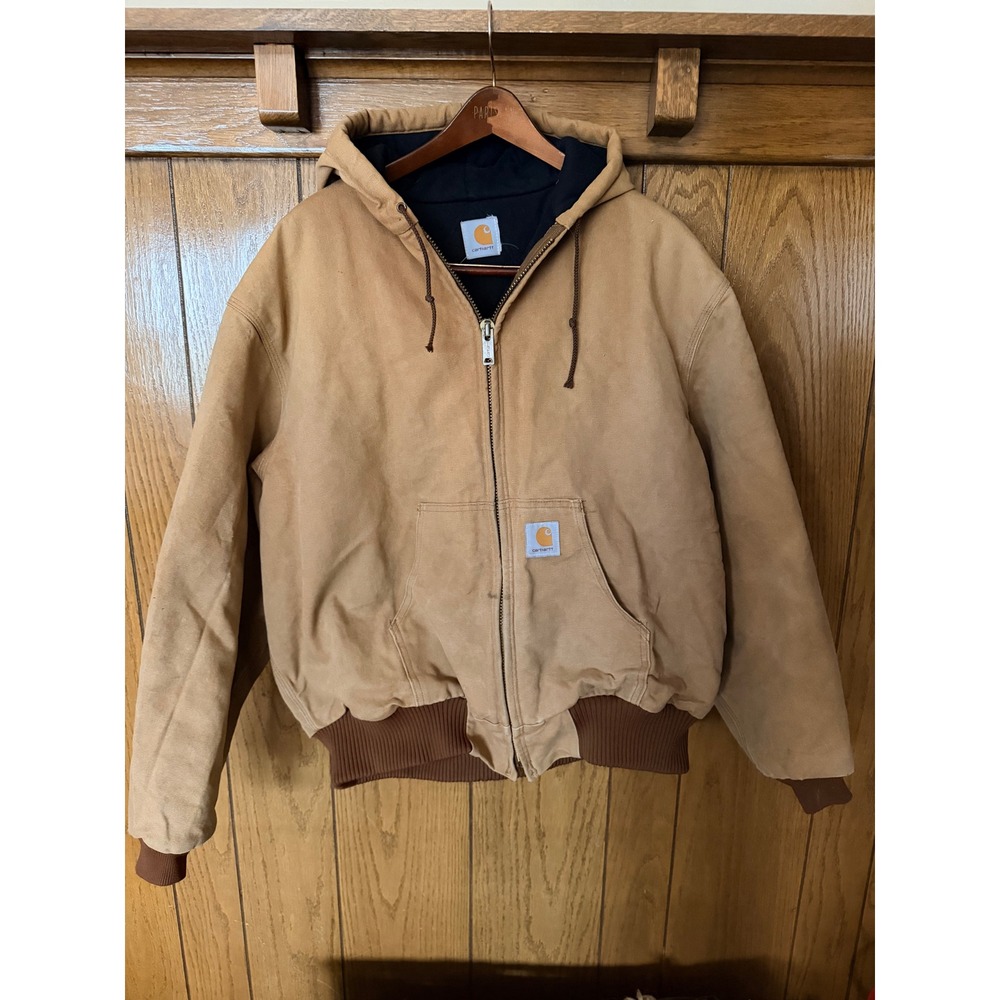 Carhartt Men Tan Brown Cotton Duck Canvas Quilted Lined Hooded Active Jacket L